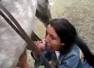 Fully-dressed chick teasing a horse