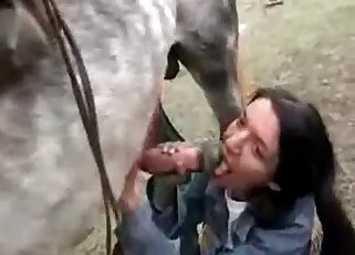 Fully-dressed chick teasing a horse