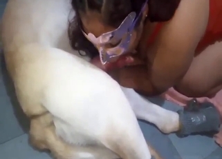 Anime-loving Latina bitch sucks off a white dog