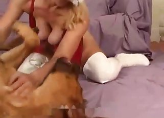 Masked chick opens her crack for a doggy