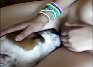 Doggy licks her accurate tight vagina